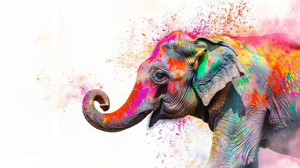 Obraz premium Wide angle, majestically painted elephant, swirling Holi festival colors, echoing Jaipur, Rajasthan, royal India heritage, pure white backdrop, photorealistic details