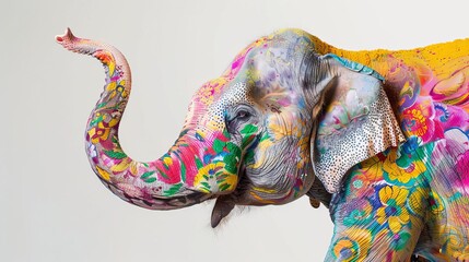 Obraz premium Wide angle, majestically painted elephant, swirling Holi festival colors, echoing Jaipur, Rajasthan, royal India heritage, pure white backdrop, photorealistic details
