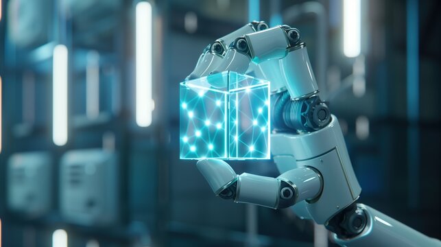 A robotic arm holding an holographic cube with glowing dots and lines, in a high-tech lab