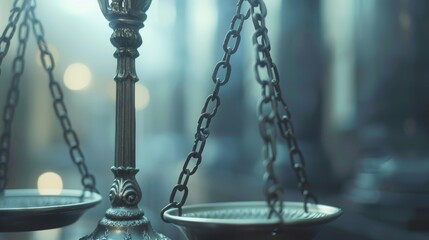 Dark Scales of Justice in Lawyer's Office - Profound Legal Symbolism. Dark, ornate scales of justice set against a lawyer's office backdrop, symbolizing the profound depth and gravity of legal respons