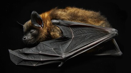 A large bat sleeps with its body in an upside down position while its head remains hanging