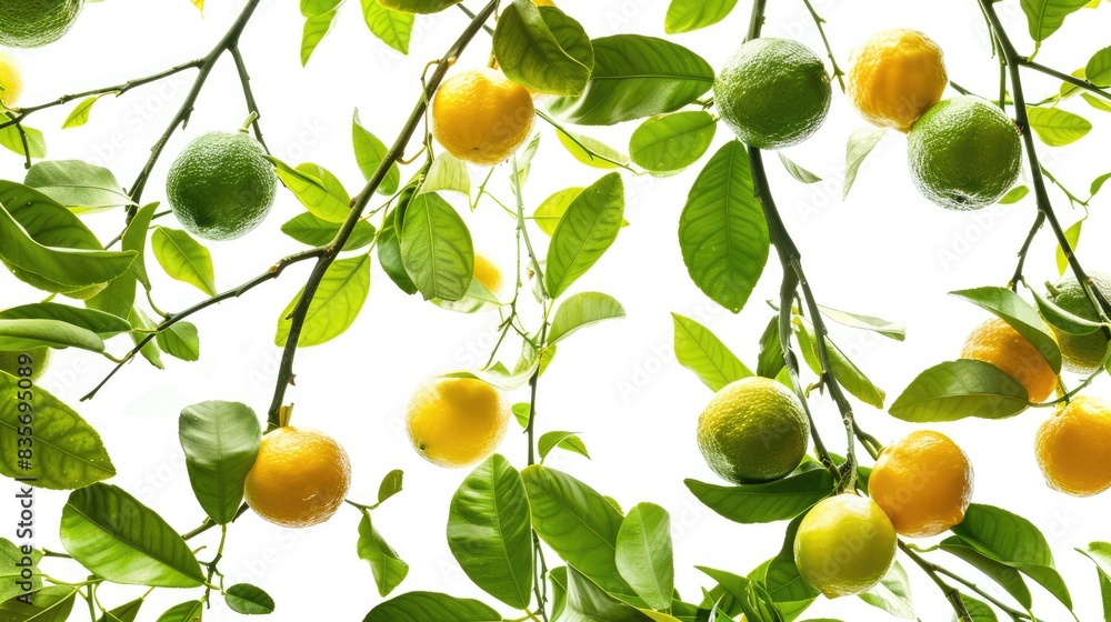 Poster lime and lemon images on tree branches and white background