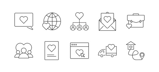 Black outline charity and donation icon set collection, line style. charity icons, donation icons, outline icons, black line icons, charity symbols, donation symbols, community icons, support icons,
