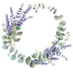 Watercolor painting of a purple and green flower arrangement with lavender and eucalyptus. Isolated on transparent background.