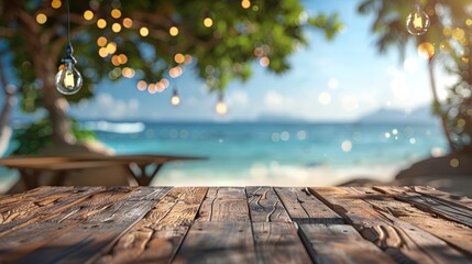 Tropical Beach Cafe Setting - Relaxing Holiday Ambiance. Wooden table with festive lights overlooking a tropical beach, creating a relaxing and inviting ambiance perfect for holiday settings.