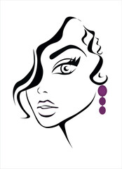 Female icon. Skin care icon. Beautiful sexy face, purple lips, fashion woman, element design, curly hairstyle, hair salon sign, icon. Beauty Logo. Vector illustration.