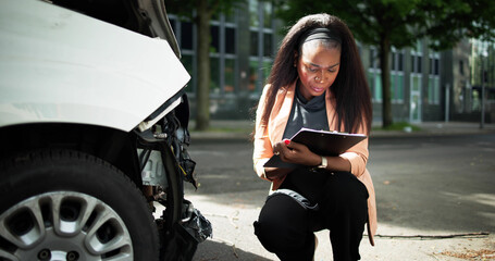 African American Car Insurance Agent Inspecting Accident