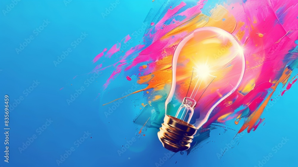 Poster glowing lightbulb with vivid colorful splashes - a bright lightbulb illuminates against a backdrop o