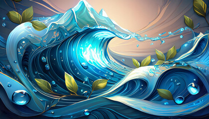 Water wave with leaf vibrant colours 