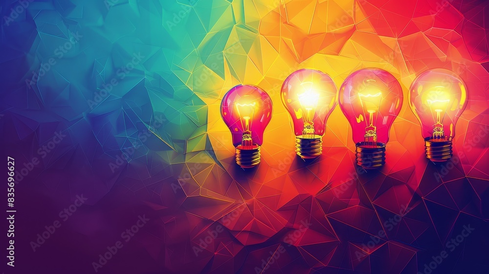 Poster light bulbs on geometric background - a line of glowing light bulbs on a multicolored geometric back