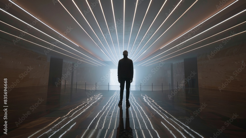 Poster man standing in abstract illuminated space - a man is silhouetted against an abstract background of 