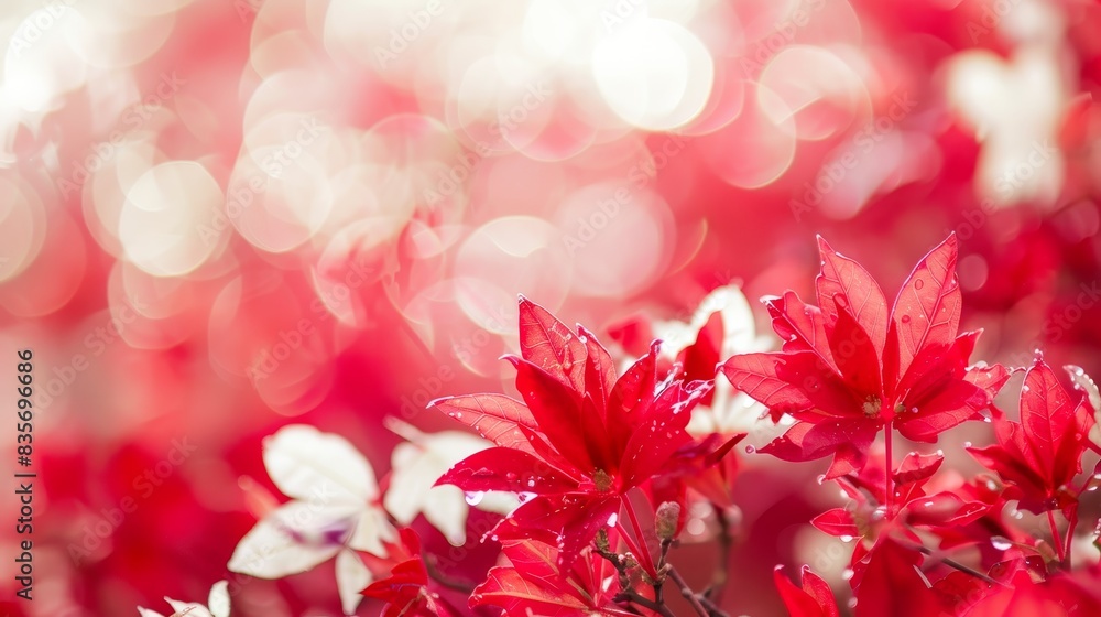Aufkleber lush red foliage with a soft bokeh effect - a mesmerizing display of red leaves against a dreamy, bl
