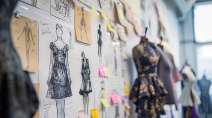 A close-up of fashion design sketches and cutout drawings on the wall, showcasing different styles of designs on white paper, Templates Hanging on the Wall.