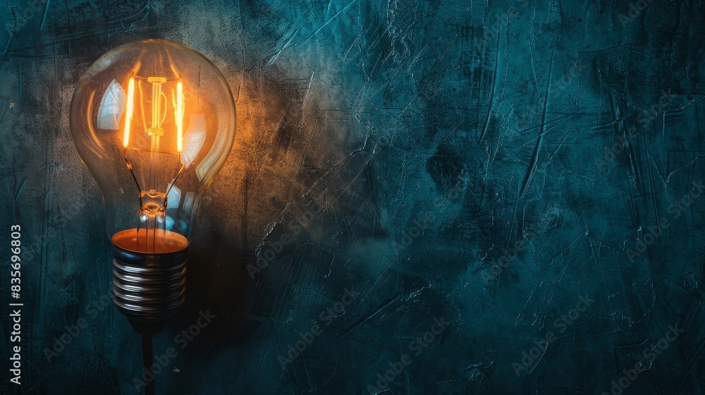 Poster illuminated light bulb on a textured backdrop - a single glowing light bulb against a dark textured 
