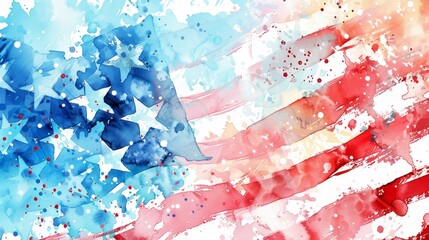 Naklejka premium Abstract watercolor American flag design - A vibrant watercolor painting of the American flag, splashed with red, blue, and white