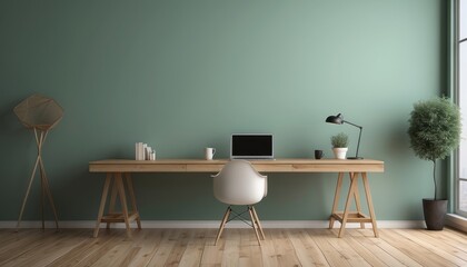 Interior home of office room with table workspace and computer on pastel green wall copy space, hardwood floor