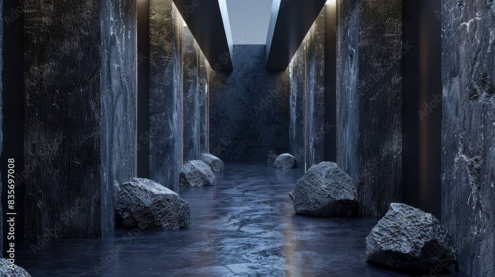 Poster mystical corridor with rocks and water - an atmospheric rendering of a dark corridor with reflection