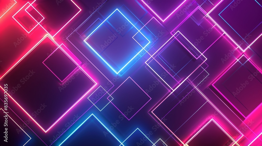 Poster futuristic neon square patterns on dark background - an intricate array of neon squares and rectangl