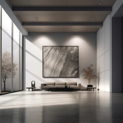 Generate a highly realistic image of a completely empty interior of modern architecture, in an elegant style, showcasing a minimalist design. There should only be a lamp and paintings .