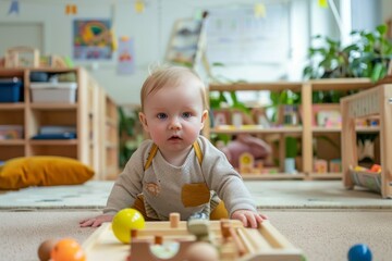 A baby exploring a Montessori-inspired play area, focusing on independent learning