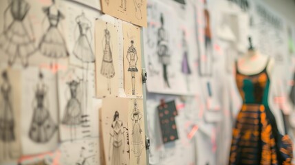 A close-up of fashion design sketches and cutout drawings on the wall, showcasing different styles of designs on white paper, Templates Hanging on the Wall.
