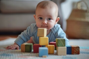 A baby stacking wooden blocks, developing motor skills