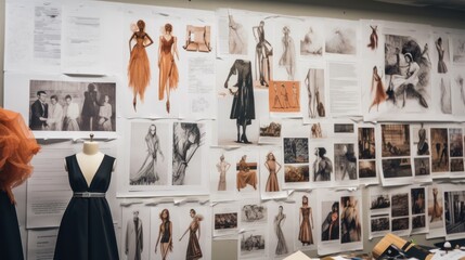 A close-up of fashion design sketches and cutout drawings on the wall, showcasing different styles of designs on white paper, Templates Hanging on the Wall.