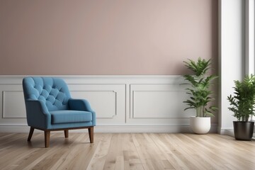 Interior home of living room with armchair on empty wall copy space mock up, hardwood floor