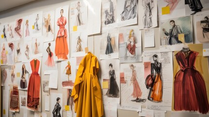 A close-up of fashion design sketches and cutout drawings on the wall, showcasing different styles of designs on white paper, Templates Hanging on the Wall.