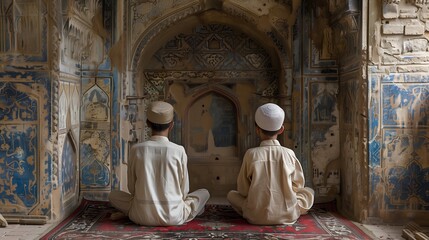 Two religious muslim man praying together inside the mosque