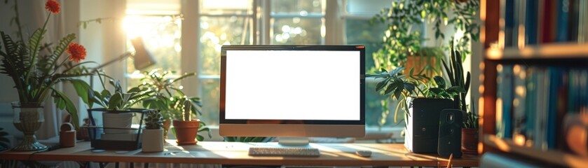 Modern Home Office Desk Setup with Natural Light Illuminating Computer Station