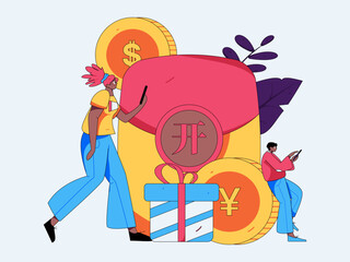 Use red envelopes to attract new customers and promote activity. Flat vector character concept illustration
