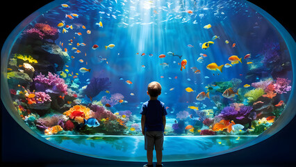 Silhouette of a child looking at fish in front of a fish tank