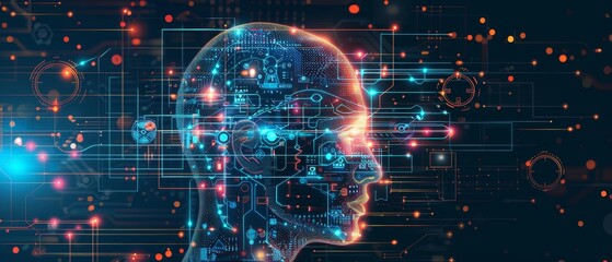 Obraz premium Futuristic digital visual representing AI and human evolution with a network of interconnected nodes within a human head profile.
