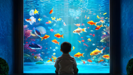 Silhouette of a child looking at fish in front of a fish tank