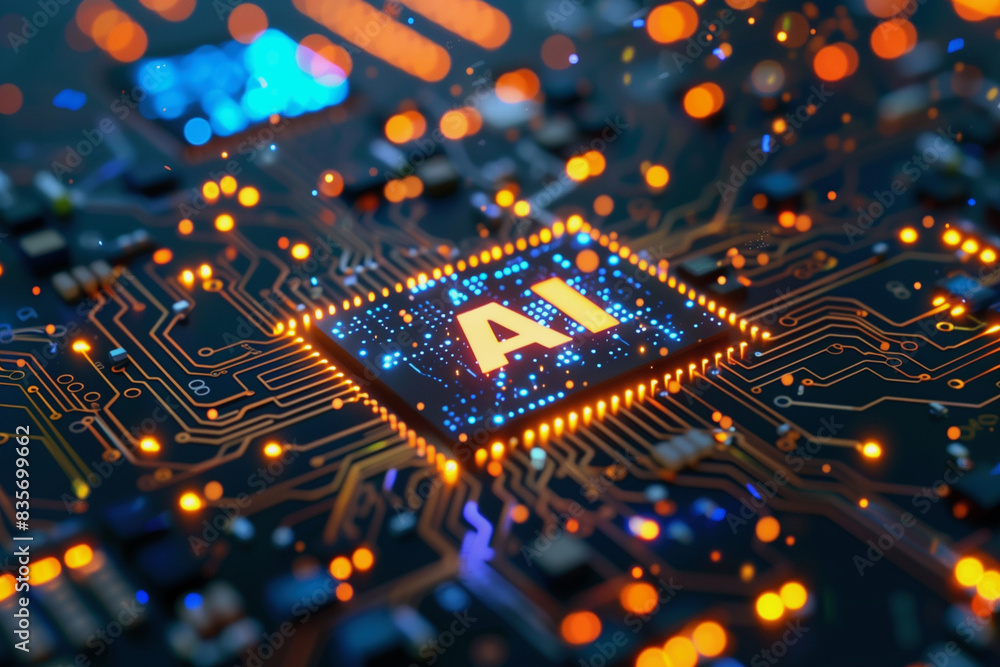 Poster a computer chip with the letters ai on it. the chip is orange and blue.