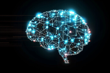 Obraz premium A brain made of wires and lights. The brain is blue and white. The brain is surrounded by a black background
