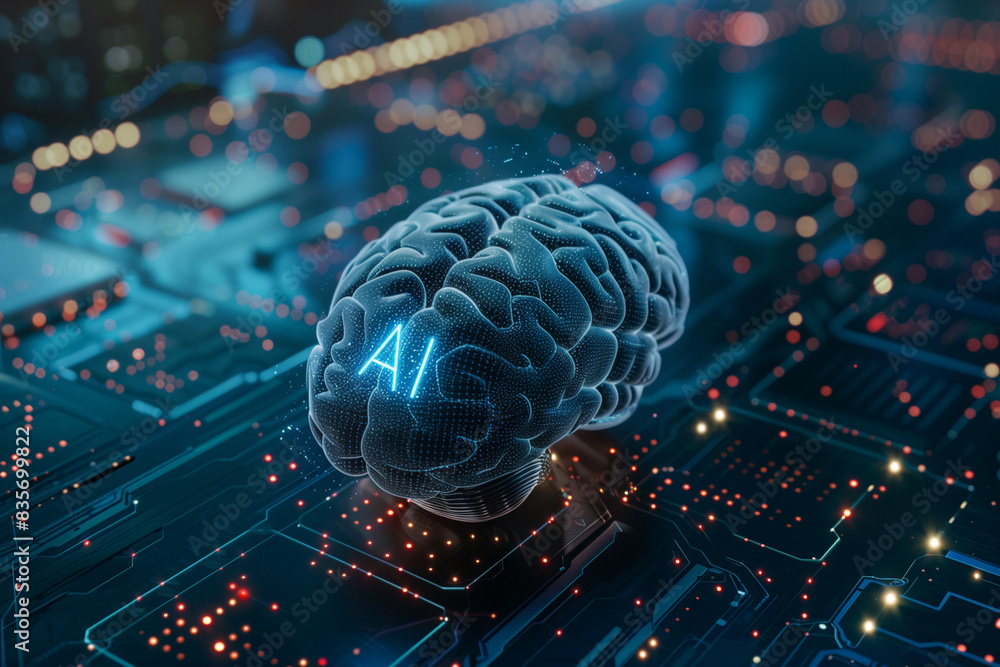 Aufkleber a brain with the letters ai on it. the brain is surrounded by a blue and red background