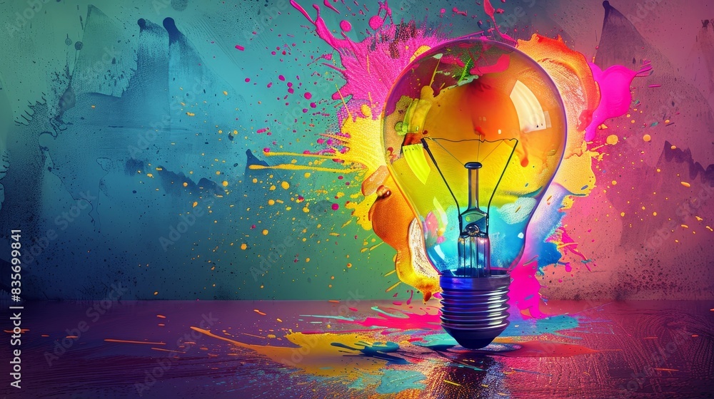 Poster creative lightbulb with colorful paint explosion - the representation of creativity with a lightbulb