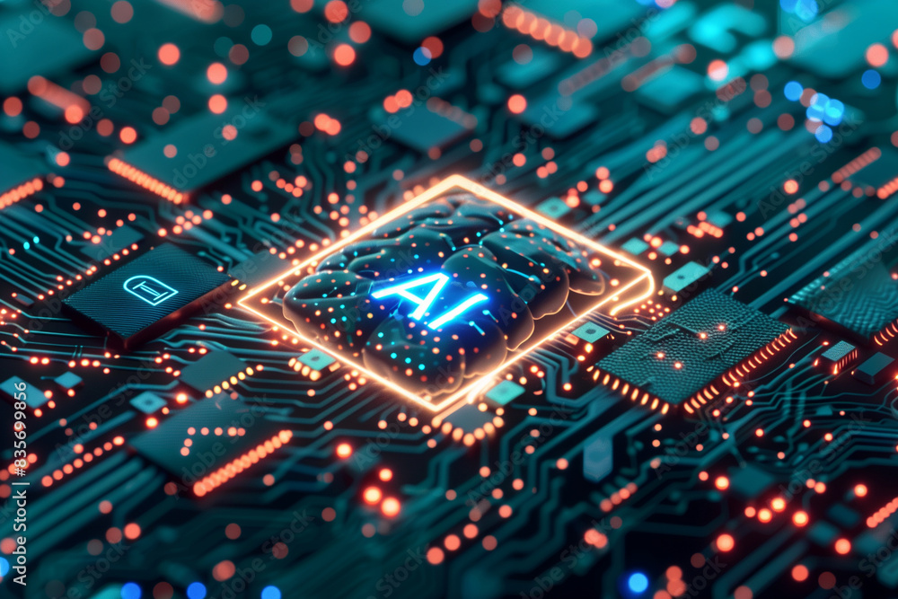 Poster a computer chip with the letters ai on it. the chip is orange and blue.