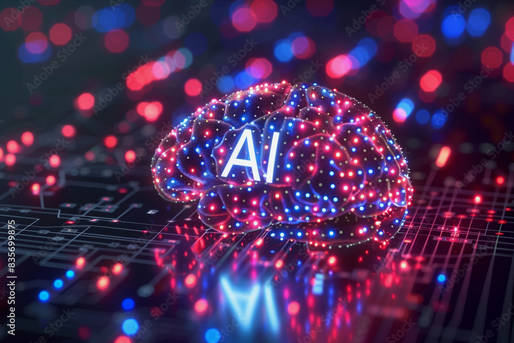 Aufkleber a brain with the letters ai on it. the brain is surrounded by a blue and red background