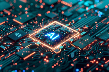 Obraz premium A computer chip with the letters AI on it. The chip is orange and blue.