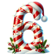 Christmas candy cane number 6 clipart with Santa hat holly berries pinecones festive lights isolated