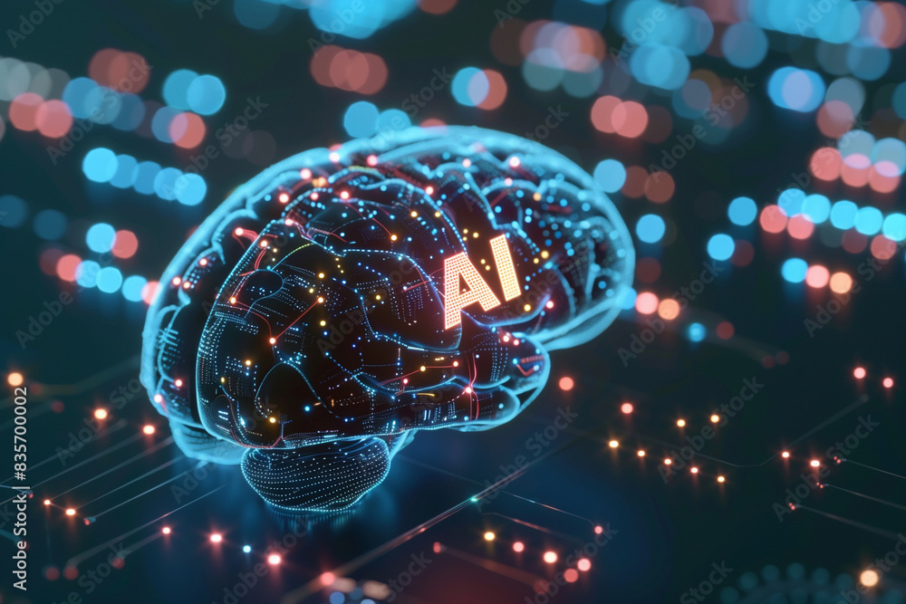 Poster a brain is lit up with the letters ai on it. concept of artificial intelligence and the potential of