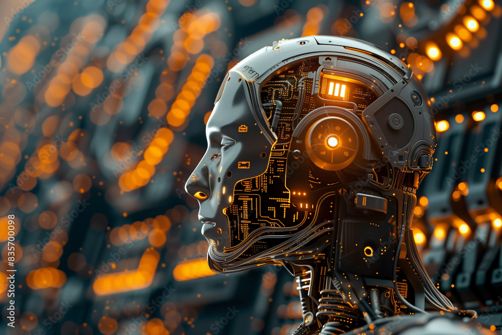 Poster a robot head with a face made of wires and circuits. the robot head is surrounded by a blurry backgr