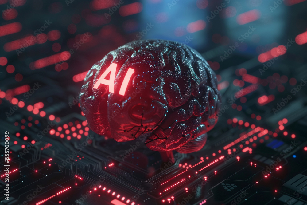 Poster a brain is lit up with the letters ai on it. concept of artificial intelligence and the potential of