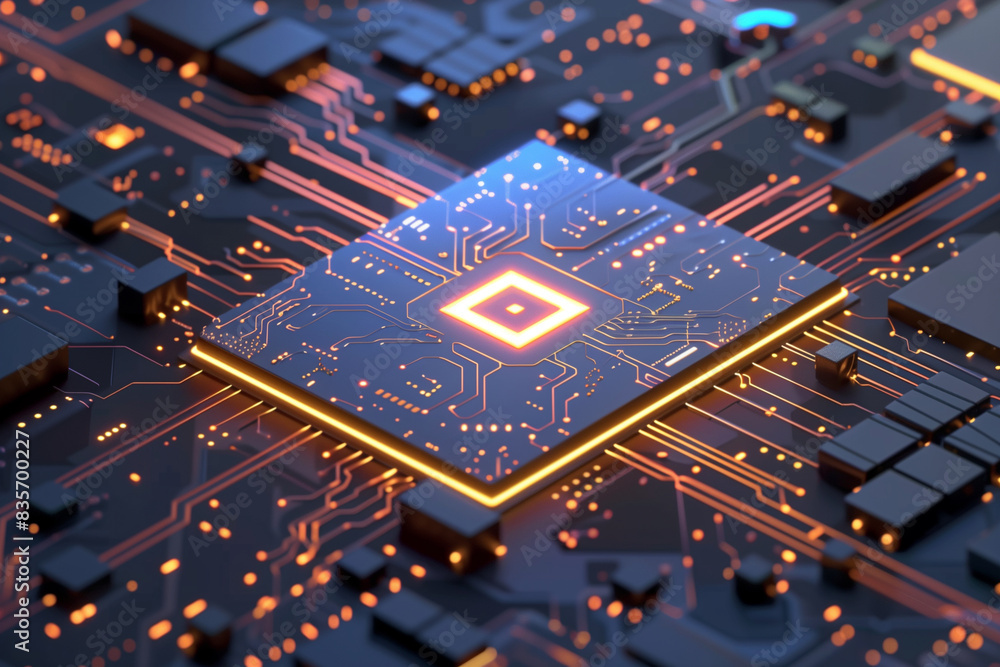 Poster a computer chip with a square on it is lit up in orange. the chip is surrounded by a black backgroun