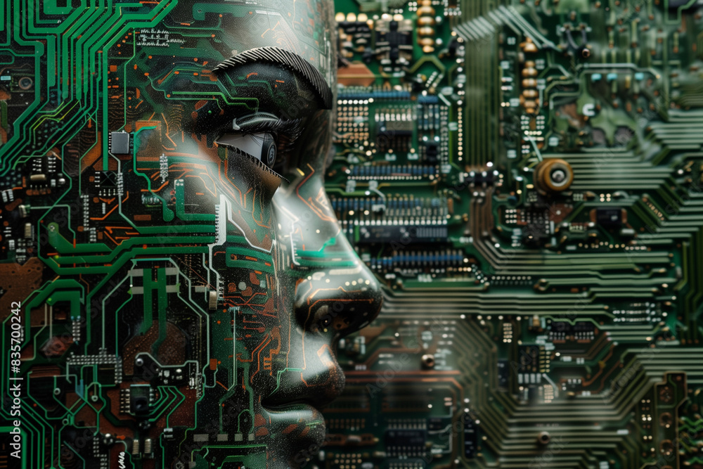 Aufkleber a computer chip with a face on it. the face is made up of electronic components and wires. concept o