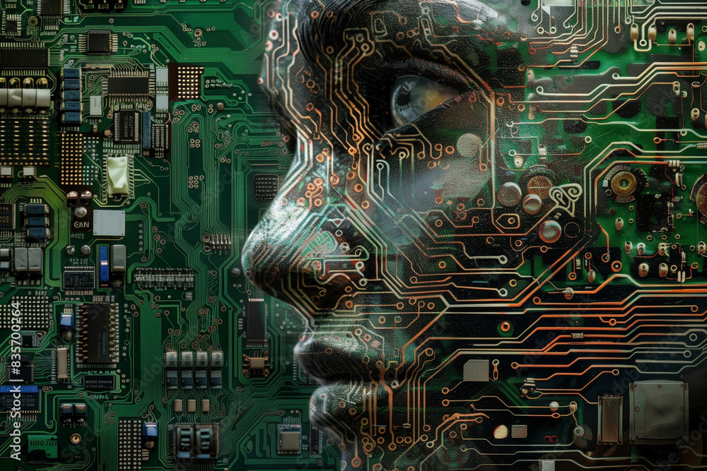 Aufkleber a computer chip with a face on it. the face is made up of electronic components and wires. concept o