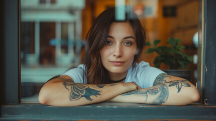 Serene woman with arm tattoos gazing thoughtfully out of a window in casual t-shirt, contemplating the peaceful view outside.